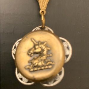 European Bronze Metal Button Embossed With Stately Unicorn Mounted on Filigree